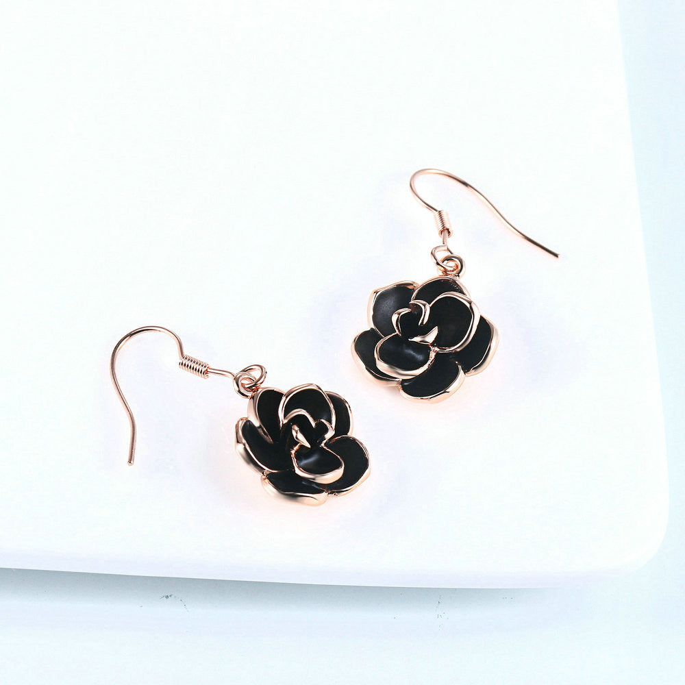 Black Oil Rose Earrings - Sliver or Rose Gold