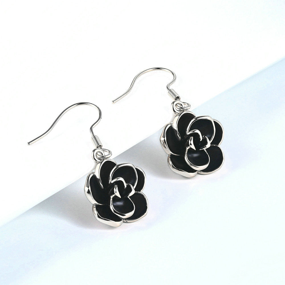 Black Oil Rose Earrings - Sliver or Rose Gold