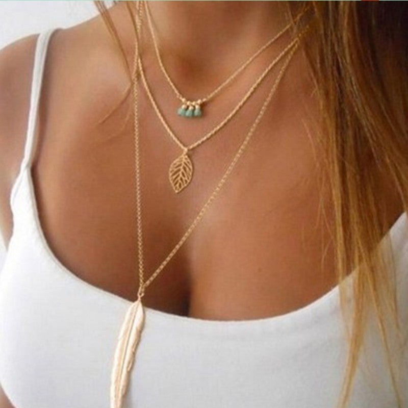 Gold or Silver Chain Long Feather Necklace