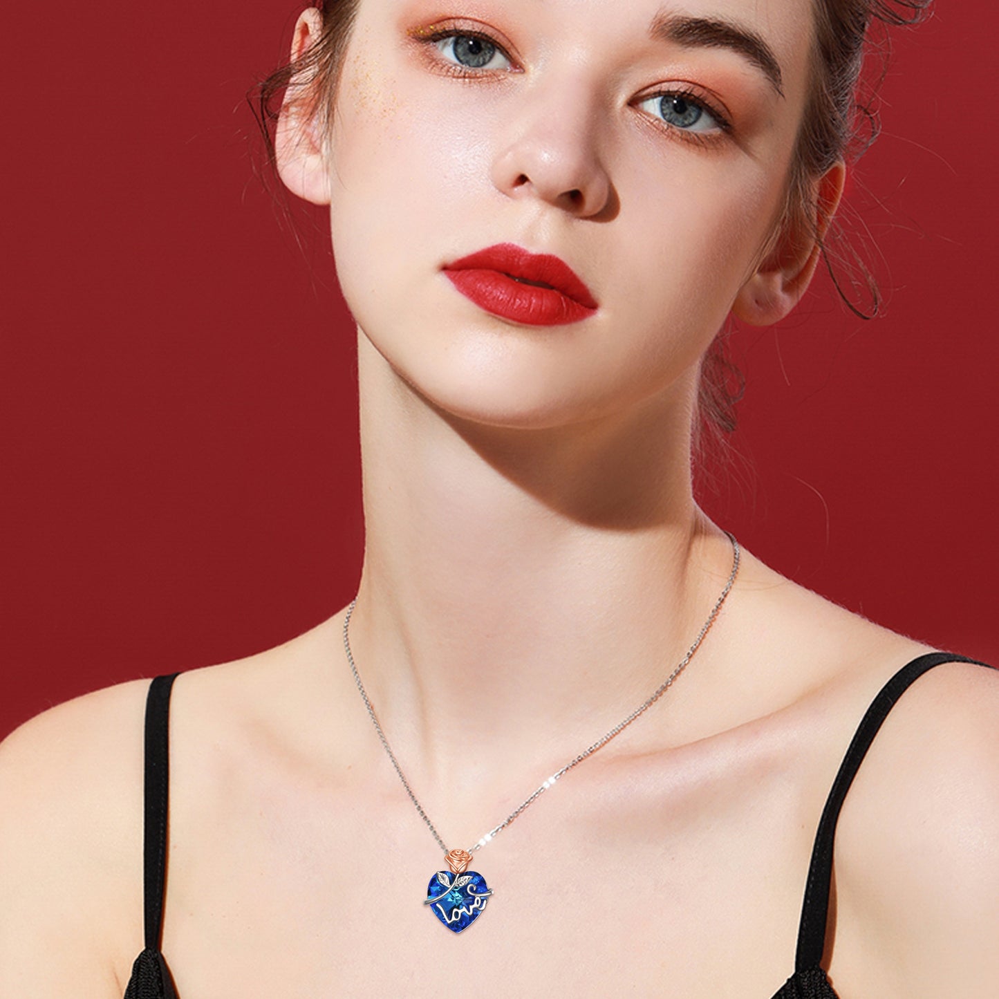 Rose Sapphire Blue Heart Pendant and Necklace