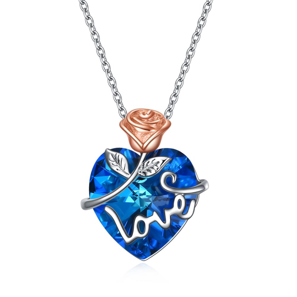 Rose Sapphire Blue Heart Pendant and Necklace