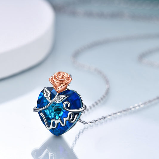 Rose Sapphire Blue Heart Pendant and Necklace